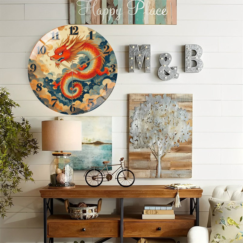 Vintage Dragon Wall Clock Art Home Decor Art - 12'' Modern Glass Wall Clock