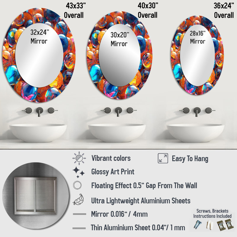 Miroir mural Sauli Mystical Marbles III - formes abstraites, miroir moderne, impression sur métal, 40 po x 30 po, Ovale