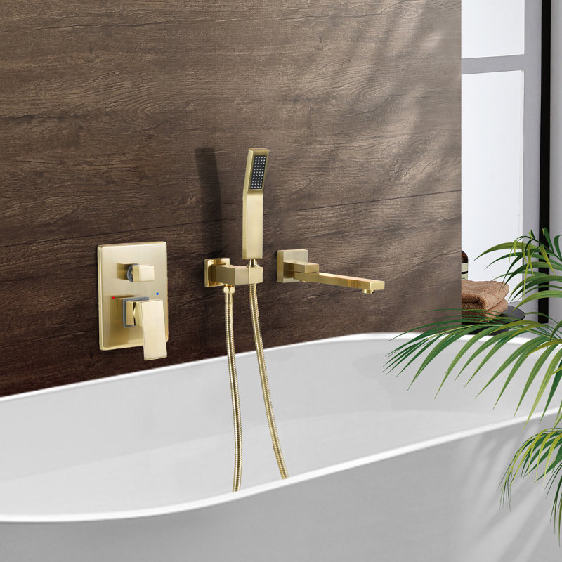 Wall Mount Bathtub Faucet Single Handle Tub Filler Shower Faucet Set with Brass Rough-in Valve, Brushed Gold