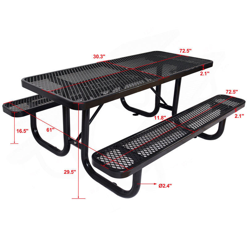 6 pi Table de pique-nique rectangulaire d'extérieur en acier, noir avec mât de parasol, Noir