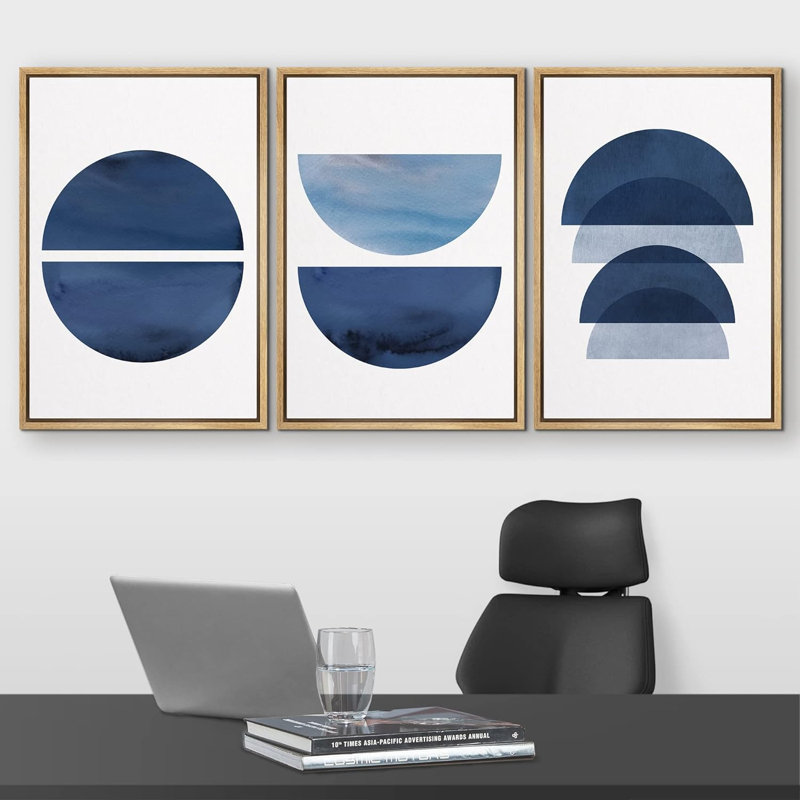 Bleu, demi-cercle, variété géométrique, formes géométriques, art numérique moderne bohème, 3 pièces, H 36 po x l 72 po