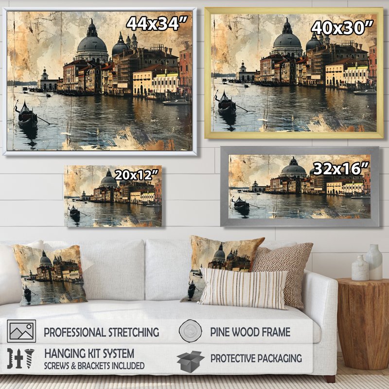«Vintage Venice Journal Gondola On Grand Canal», reproduction d'art murale de Venise, H 34 po x l 44 po, Cadre flottant doré
