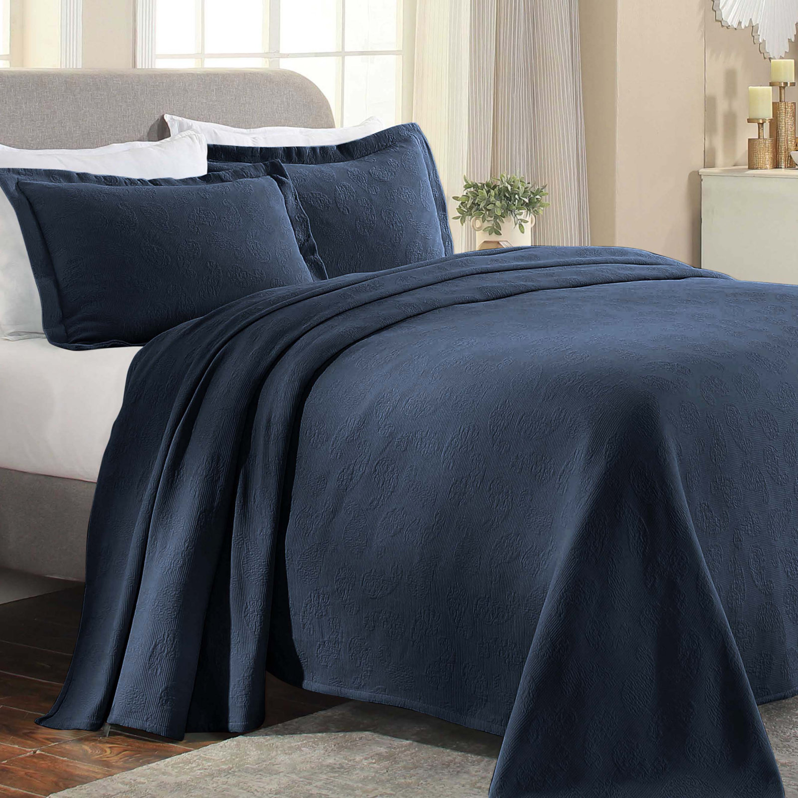 Cotton Bedspread Set, Twin Coverlet + 1 Standard Sham, Navy Blue