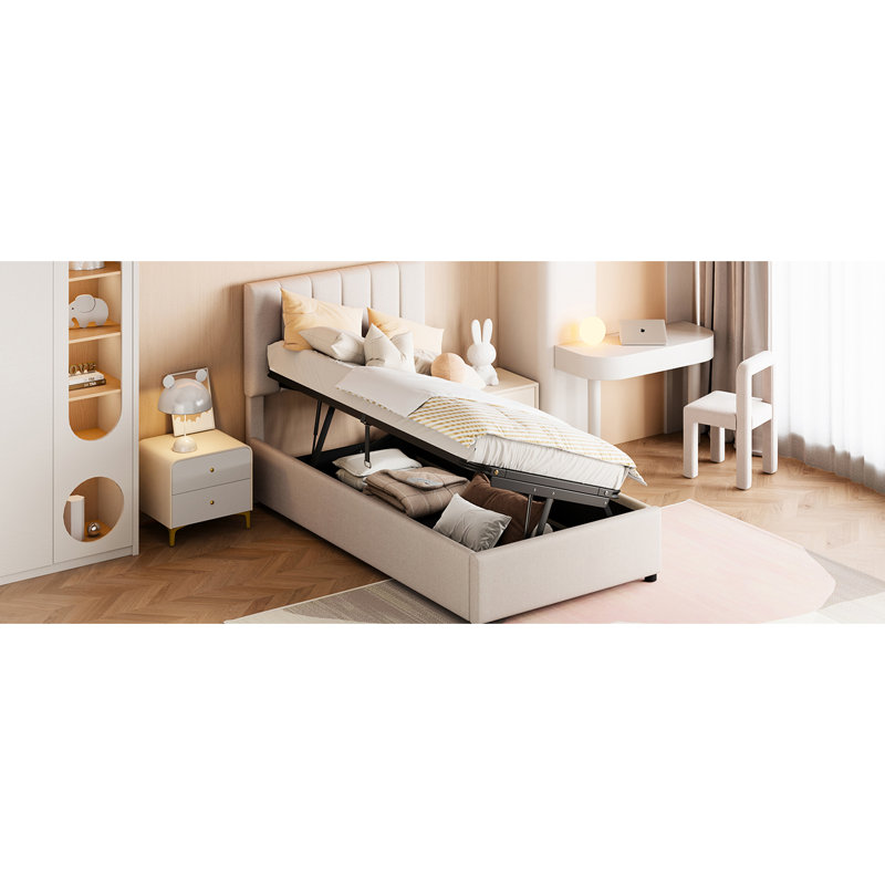 Lit plateforme tapissier avec rangement hydraulique pour lit simple de couleur beige