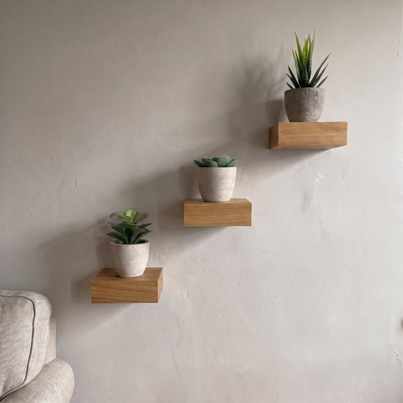 3 tablettes murales flottantes en bois d'orme récupéré Sylven, H 1,38 po x l 4 po x P 4 po, Naturel