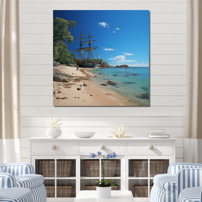 Bateau pirate, rivages tropicaux de la réduction sur toile, Toile tendue, H 36 po x l 36 po x P 1,5 po