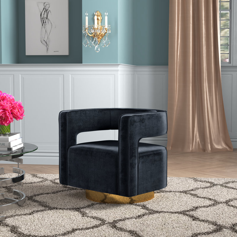 Fauteuil demi-tonneau pivotant en velours Aysha, Velours noir