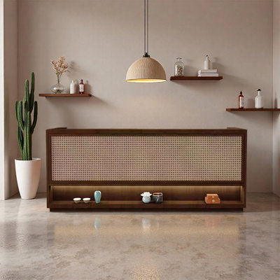 Retro Elegant Chagoya with Built-in Lighting Vintage Front Desk for Retail Stores, Cafes and Shopping Malls – Classic Wood Customer Service Cash Wrap Counter