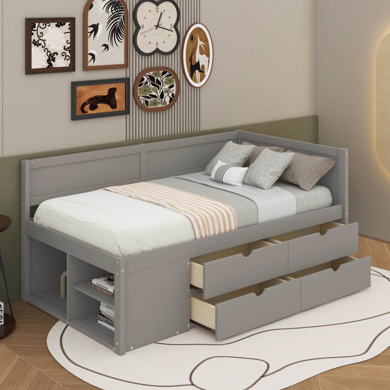 Lit de jour avec tiroirs et tablettes, Gris, Lit simple
