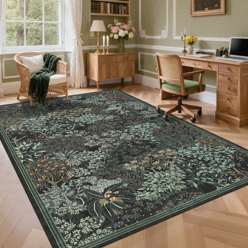 Botanical Forest Area Rug for Living Room, Washable Jungle Soft Low Pile Floor Cover, Non Slip Stain Resistant Carpet, Black