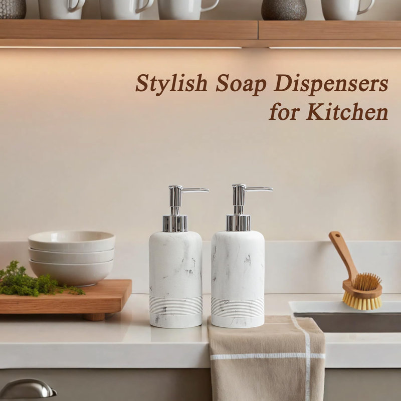 2 pièces / ensemble de distributeurs de savon à main - Distributeurs de savon liquide en résine 10,8 oz rechargeables avec pompe antirouille pour comptoir de salle de bain ou cuisine, marbre blanc