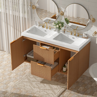 Meuble-lavabo double avec portes à fermeture en douceur et tiroirs divisés
