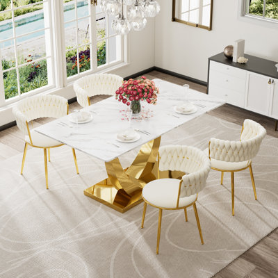 Rectangular Pedestal Dining Set with Modern Weaven Velvet Dininig Chair