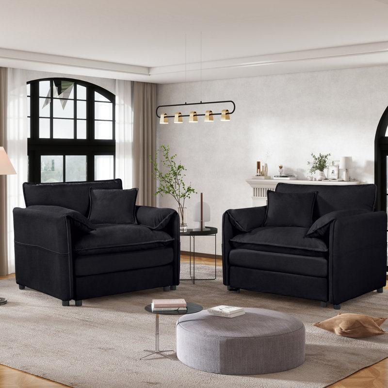 Fauteuil surdimensionné noir en chenille, de 2, confortable avec siège luxueux, fauteuil de lecture moderne pour le salon de la chambre à coucher, fauteuil d'appoint à 2 couches de soutien, fauteuil noir amélioré, siège profond luxueux