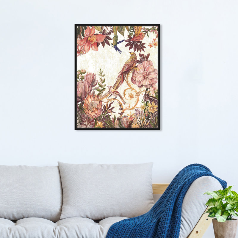 Oiseaux japonais - impression, Noir, H 20 po x l 17 po, Toile encadrée noire