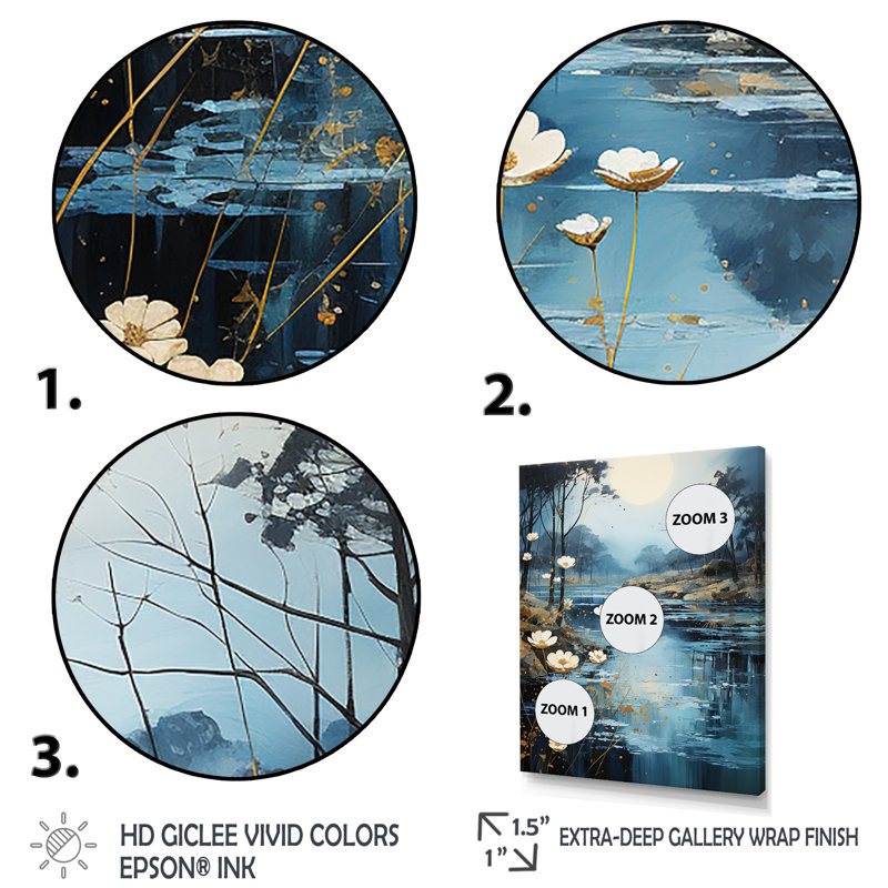 «Blue Moonlit River Blooms I», art mural rivière, Cadre flottant noir, H 32 po x l 24 po x P 1 po