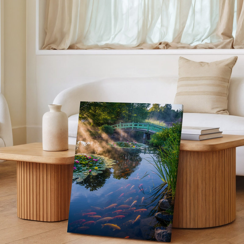 Toile, "Tranquil Pond Scene At Dawn", art mural orné de nénuphars dans des tons de rose jaune, H 12 po x l 9 po
