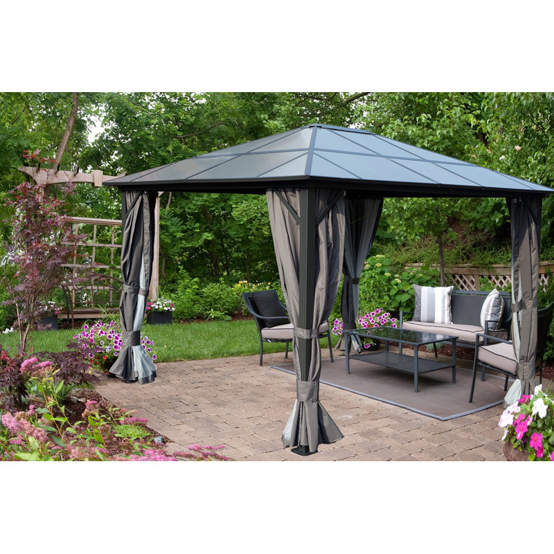 Kozyard Edward 10’x12‘ Polycarbonate Roof Hardtop Gazebo with Curtain and Mosquito Netting