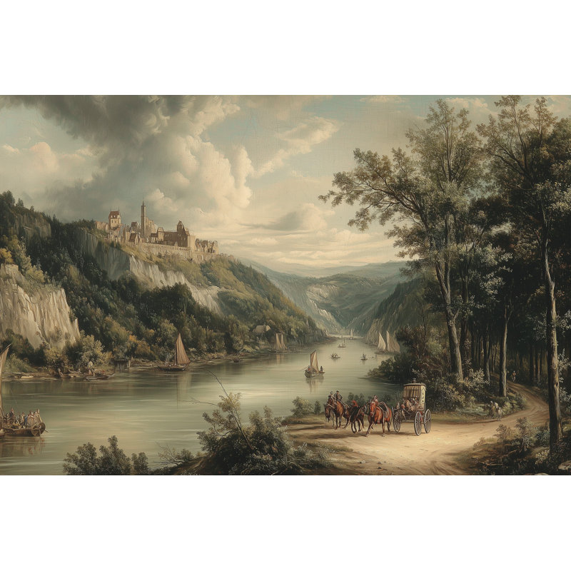 Château de papier peint de paysage de rivière, Non tissé, 200 po x 120 po