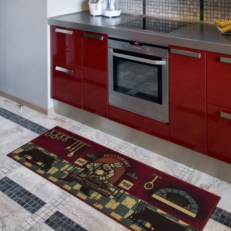 Red Chef Design Non-Slip Kitchen Runner Rug, 20" x 59"