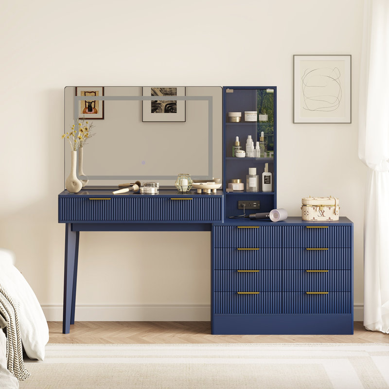 Makeup Vanity Desk with LED Lighted Mirror, 10 Drawers, Glass Door Display Cabinet, Built-In Power Outlet & USB Ports, Fluted Design Vanity Table with Solid Wood Legs, Blue