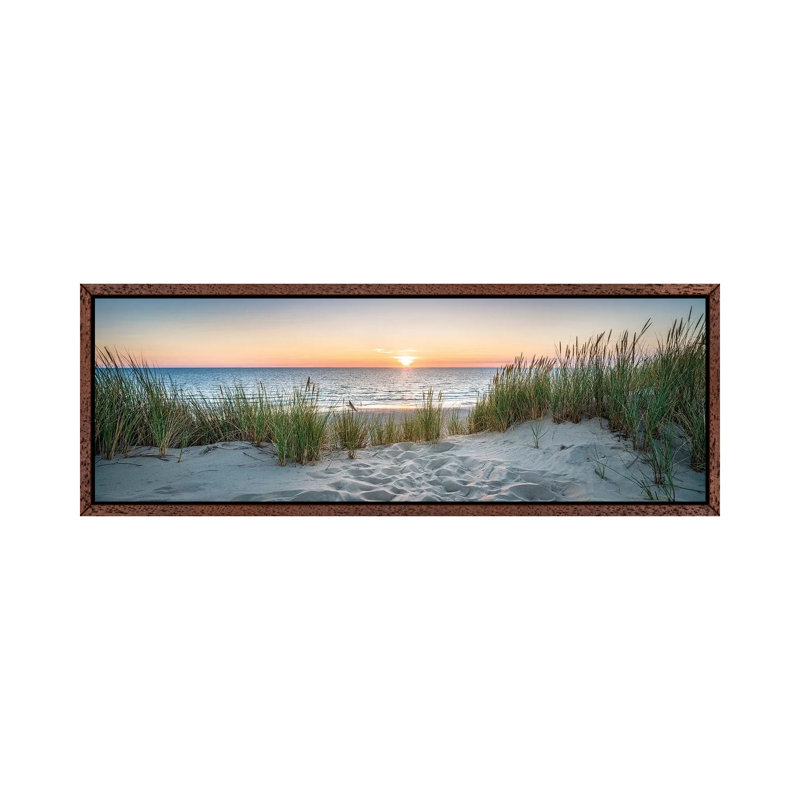 Dune Beach Panorama At Sunset, North Sea Coast, Germany by Jan Becke - Panoramic Print on Canvas, Brown Floater Framed