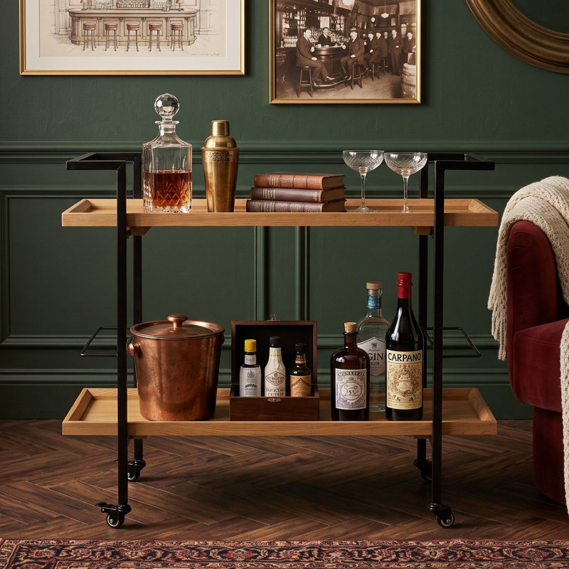 Chariot-bar avec roulettes et tablettes, Naturel