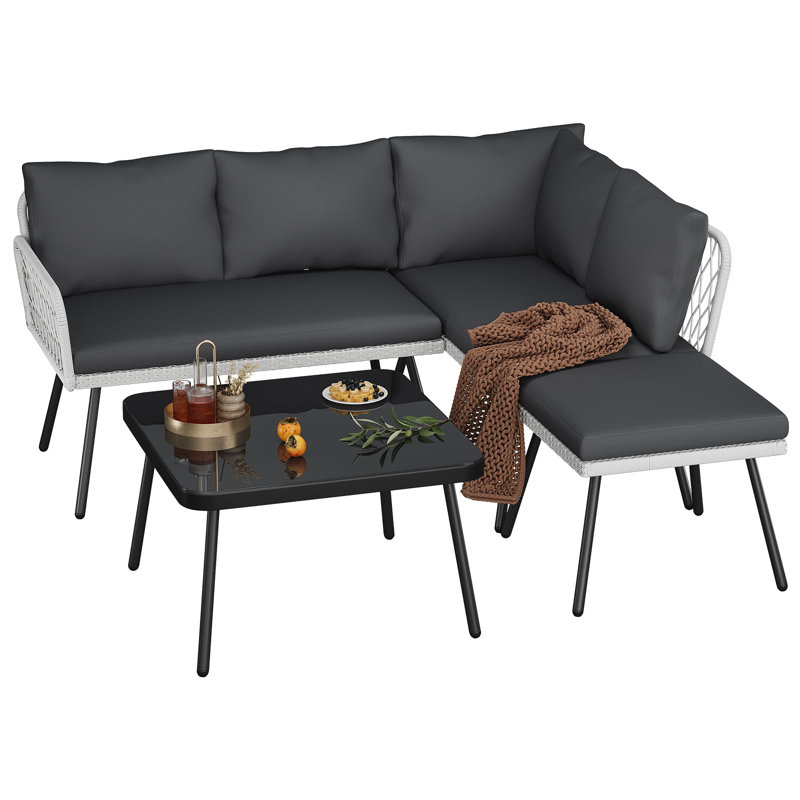 Canapé modulaire d'extérieur en osier PE noir en forme de L - Ensemble de conversation de patio avec coussins gris pour jardin ou balcon