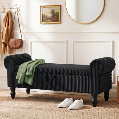  55''W Black Corduroy Storage Bench, Upholstered Bench with Storage for Queen Bed