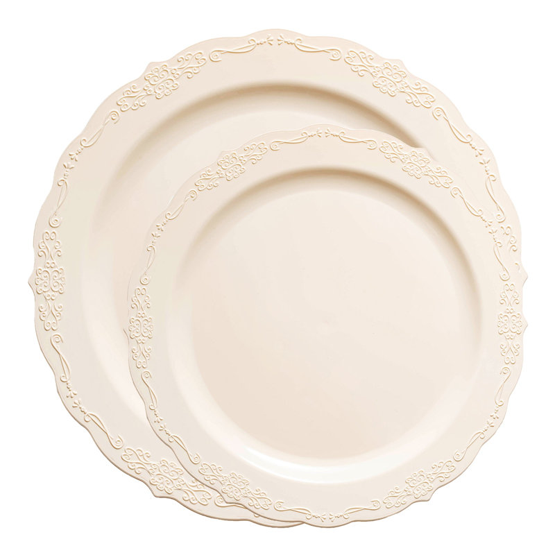 Ivory Vintage Round Disposable Plastic Dinnerware Value Set - 120 Sets