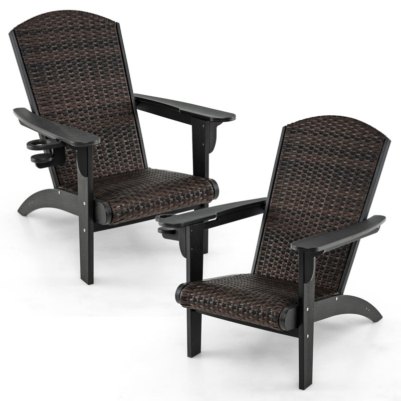 Set of 2 Adirondack Chair w/ Rattan Padded Seat & Back Wide Hidden Cupholder Patio, Black