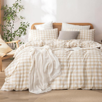 Beige Gingham Comforter Set Modern Style Plaid Comforter Set Microfiber Boho Comforter Farmhouse Gingham Plaid Bedding Set