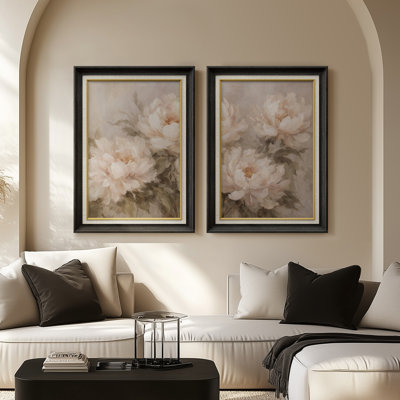 «Soft Blush» pivoine floraison élégante et romantique - ensemble de 2 reproductions d'art encadrées de qualité supérieure sur papier 26 po x 36 po