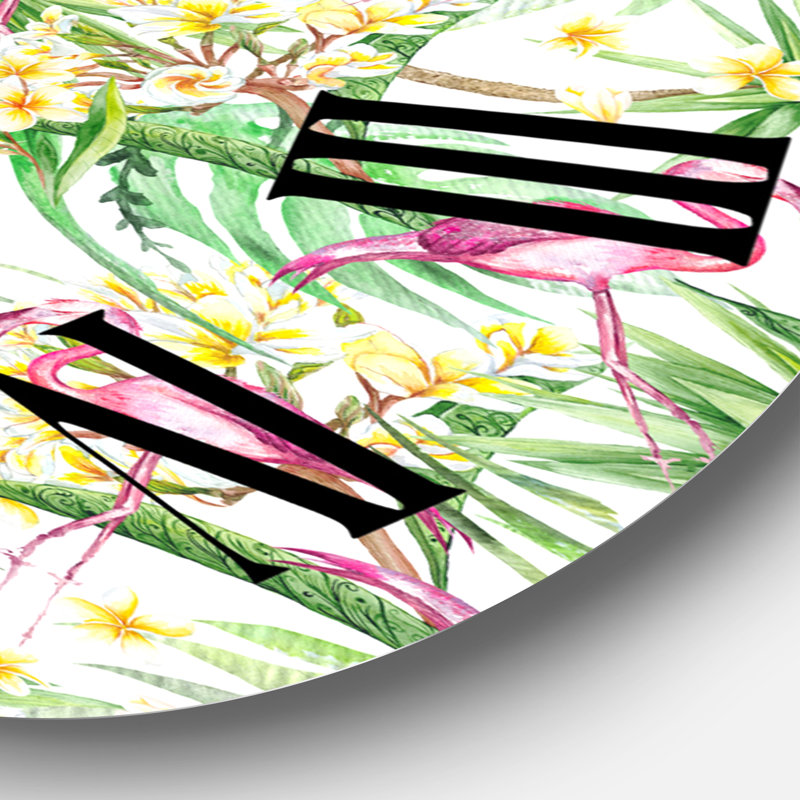 Horloge murale moderne feuillage tropical, fleurs jaunes avec flamant II, Moyenne