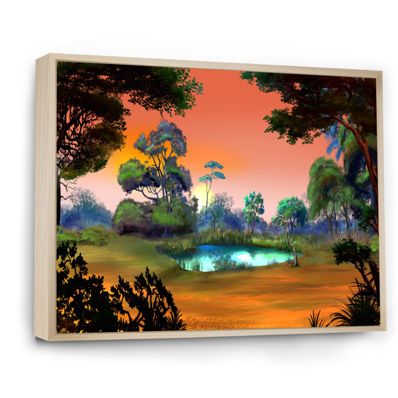 Petit étang sur une forêt, aube - Peinture sur toile, Toile avec cadre en érable, H 16 po x l 32 po