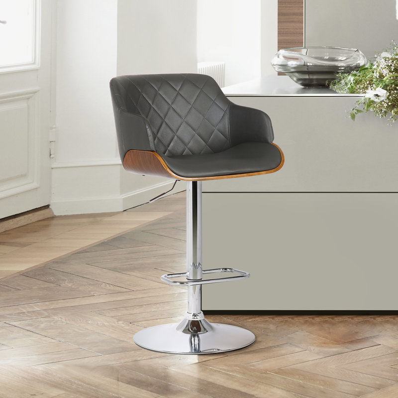 Tabouret de bar pivotant à hauteur réglable Jaxxon avec base en bois et similicuir, Chrome chrome, Gris