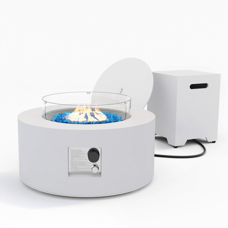  Foyer de table rond en fer de 28 pouces avec couvercle de réservoir et pare-vent, Blanc