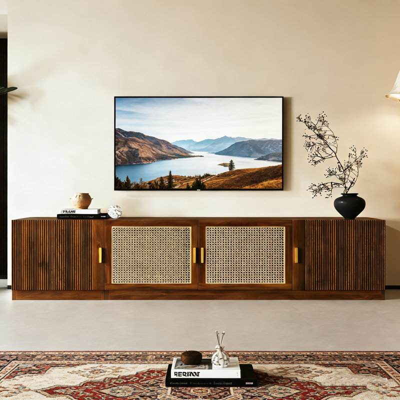 78" TV Stand For Tvs Up To 85", TV Console For Living Room, Media Console With Rattan Doors, Adjustable Shelf TV Stand For Bedroom