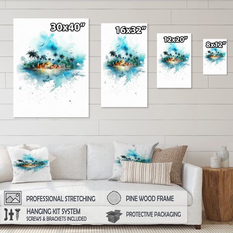 «Whimsical Coastal View - Modern Landscape Beach», art mural sur toile, Impression noire sur toile encadrée
