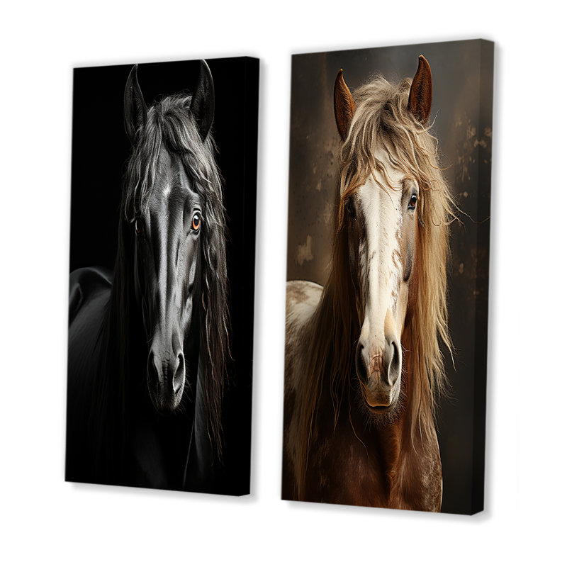 «Black White Horse Portrait Vibrant» - 2 pièces, Toile tendue, H 32 po x l 32 po