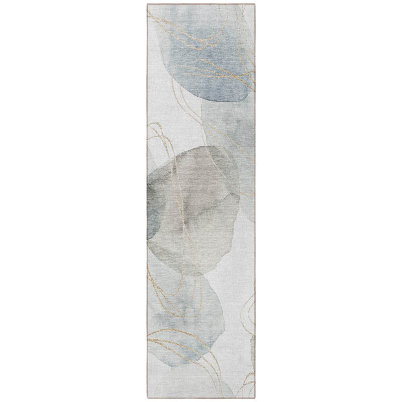 HomeRoots 8' Ivory Blue And Gray Abstract Washable Indoor Outdoor Runner Rug