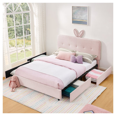 Grand lit rembourré pour enfant avec tête de lit surdimensionnée en tissu rose