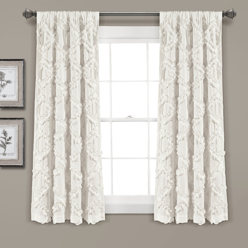 Ruffle Diamond Semi Sheer Curtain Pair, White, 54" W x 63" L