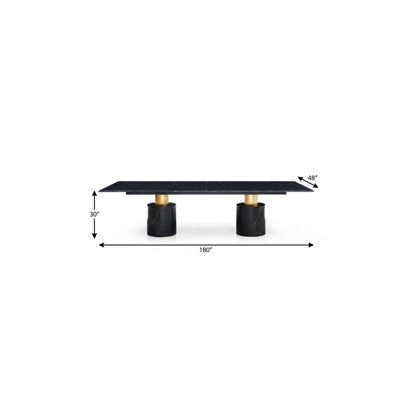 180" Black and Gold Marble and Steel Double Pedestal Base Dining Table