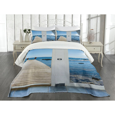 Ambesonne Scenery Bedspread Set Patio Ocean Sea Sunny Pale Blue and White -  bed_34864_king