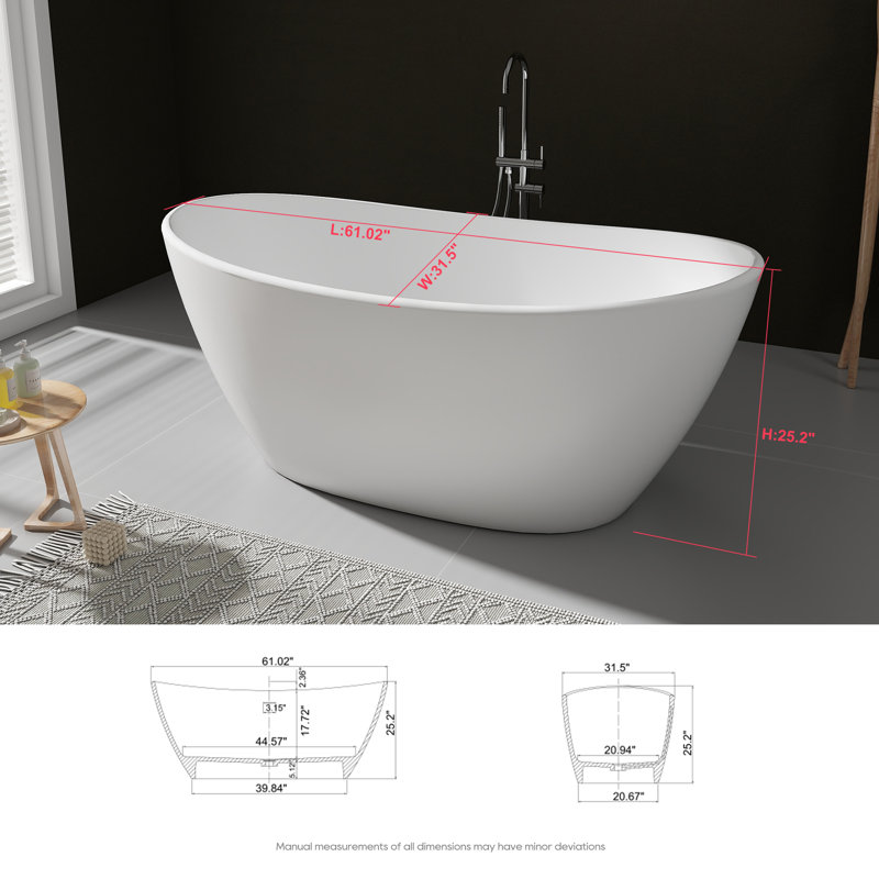 61" x 31.5 Freestanding Soaking Solid Surface Bathtub in White