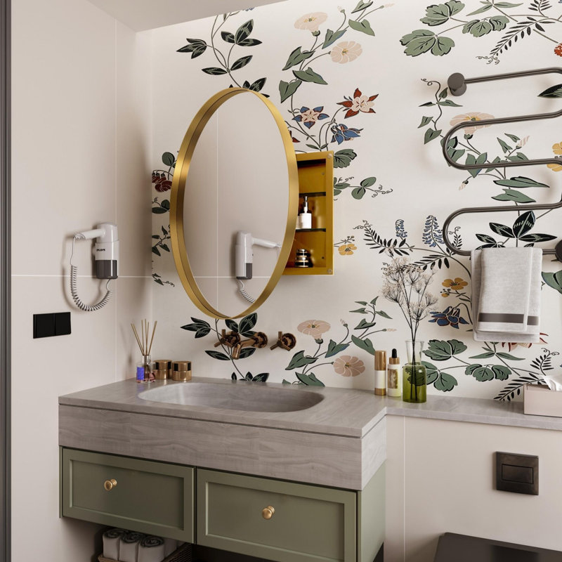 Metal Framed Bathroom Wall Cabinet with Mirror and Adjustable Shelves, Gold