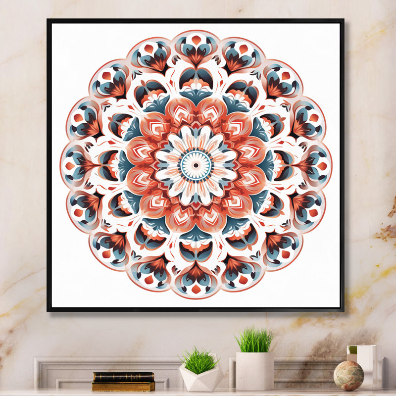 Mandala élémentaire sérénité en bleu et rouge, H 30 po x l 30 po x P 1 po, Cadre flottant noir