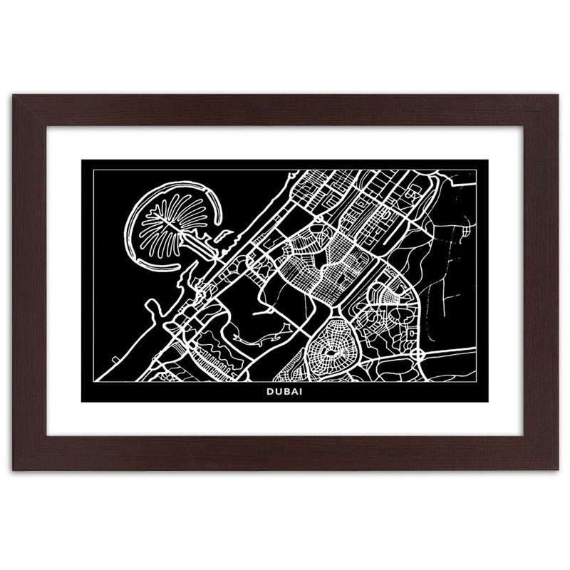 Dubai City Map - Single Picture Frame Print, Brown, 60cm H x 90cm W