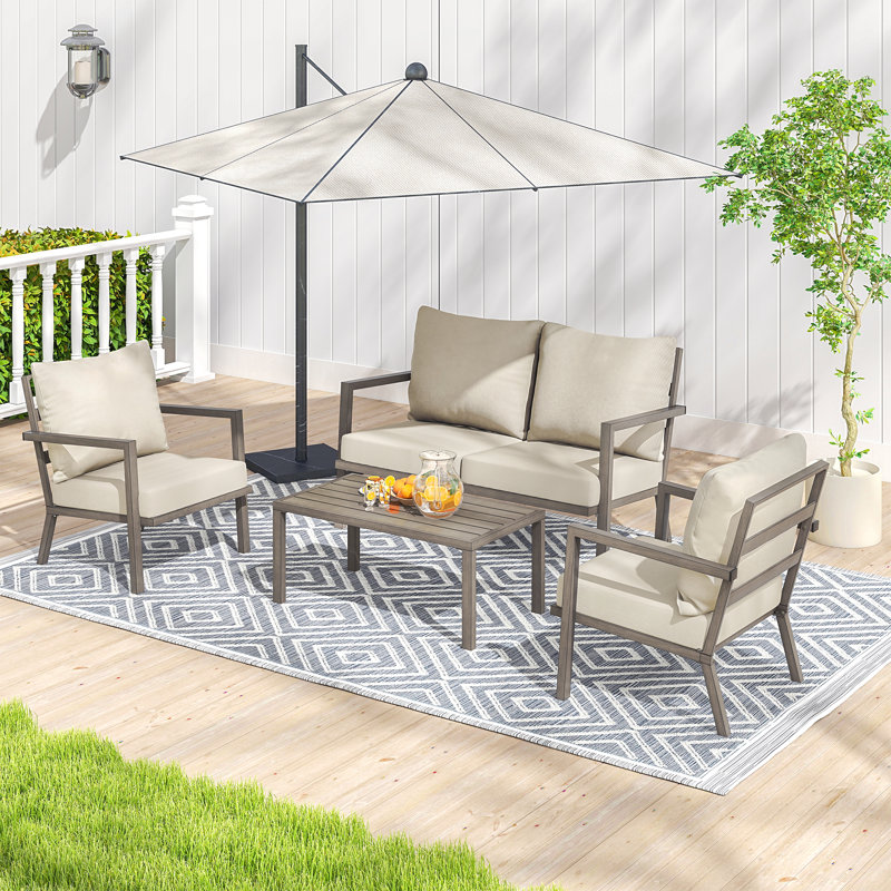 Heim 4-Piece Aluminum Outdoor Patio Conversation Set With Beige Cushion, Loveseat And Coffee Table, Beige